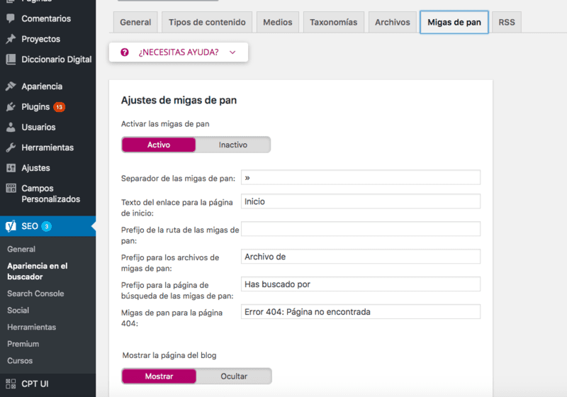 configurar mugas de pan o breadcrumbs en YOAST