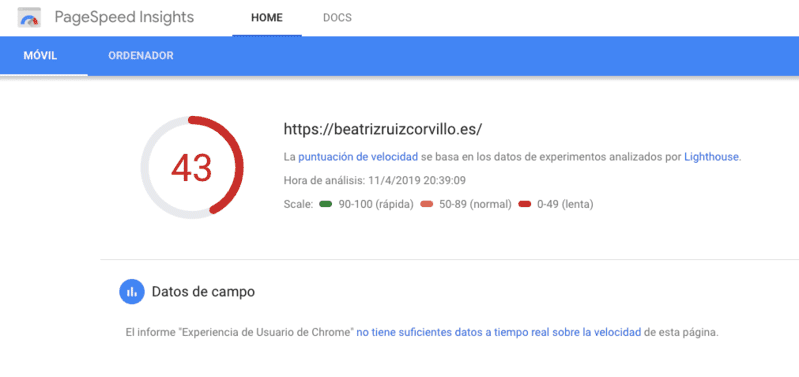 Page Speed de Google muestra por defecto el análisis de la versión móvil
